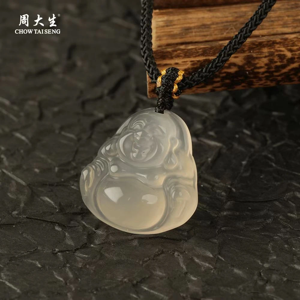 Chow Tai Seng/周大生七夕礼物佛公吊坠天然冰透玛瑙玉髓高冰编绳