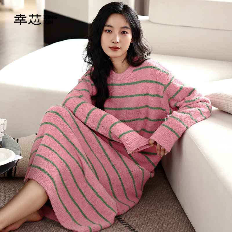 幸芯半边绒睡衣女士冬季条纹睡裙珊瑚绒圆领甜美可爱家居服