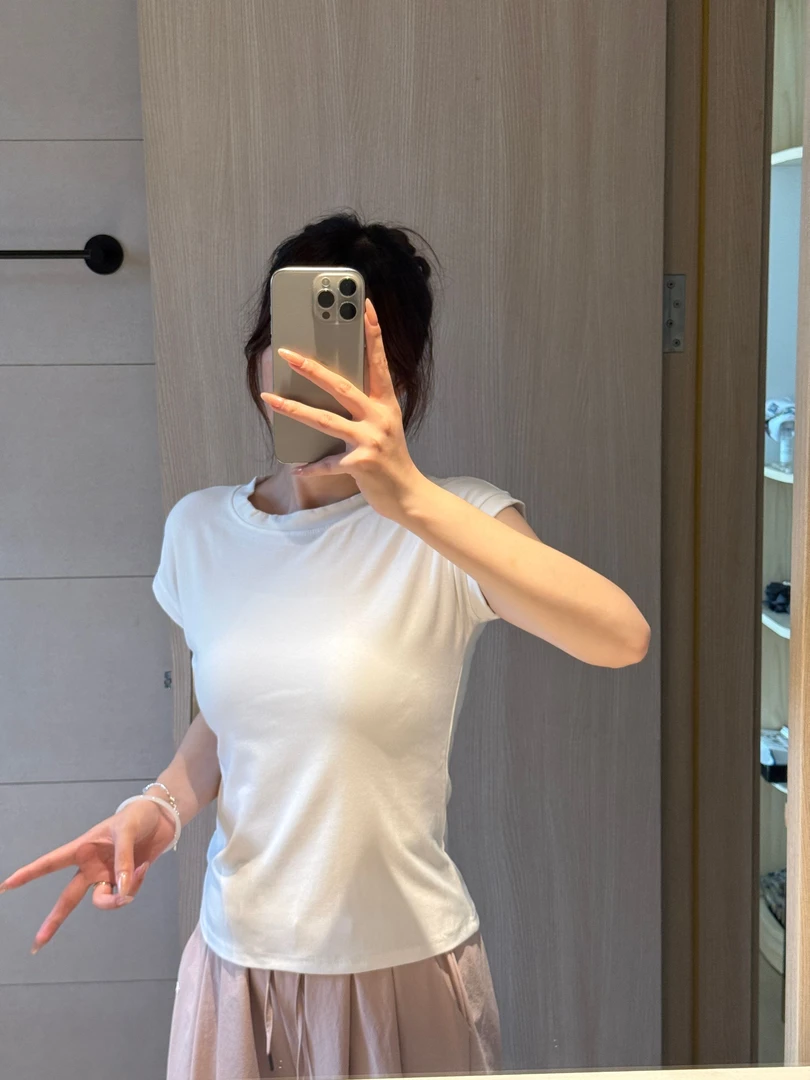 正肩T恤女小飞袖短袖上衣夏季休闲宽松百搭显瘦纯色圆领打底衫