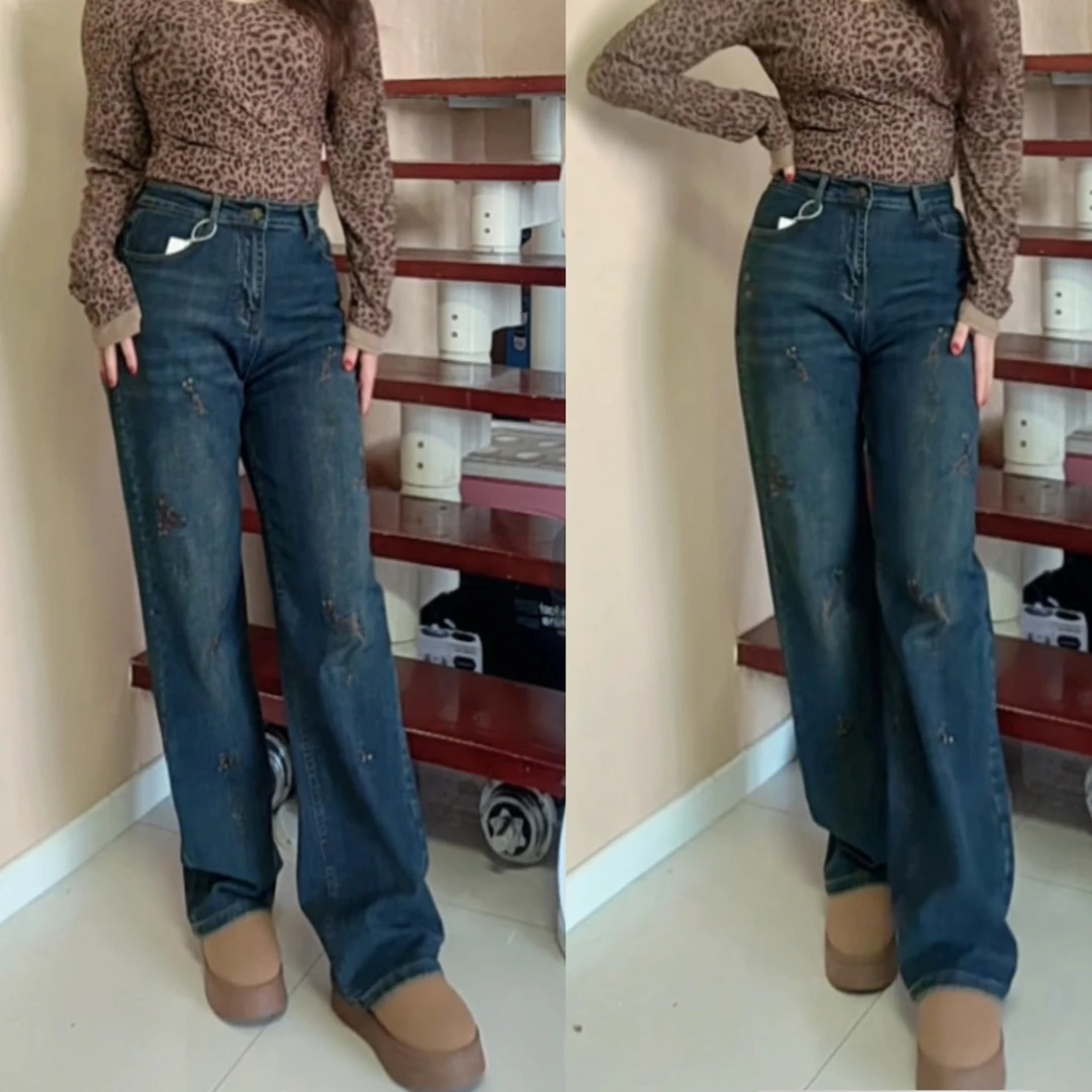 6519女士秋冬高腰显瘦复古蓝窄版阔腿牛仔裤宽松休闲直筒裤