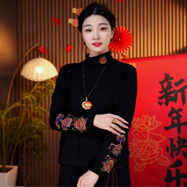 【夜幕】晴晴高定高领气质优雅百搭新中式刺绣打底衫