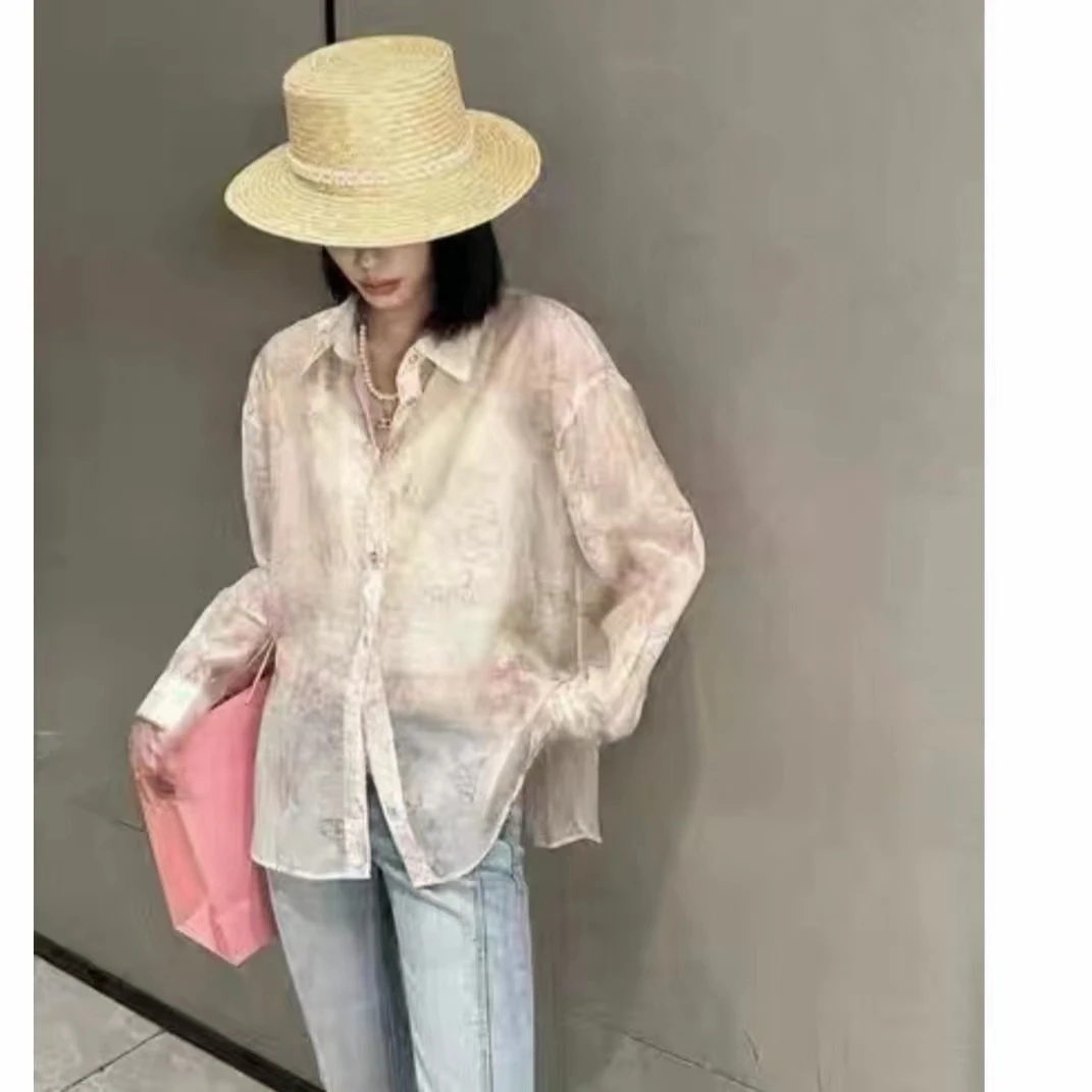 【萍萍推荐】夏季新款蝴蝶花防晒薄款衬衫 长袖时尚休闲印花潮流