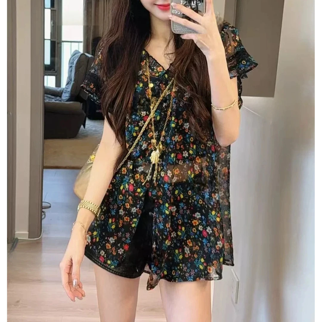 林北鼻-小野韩单夏日碎花韩国东大们蕾丝衬衫上衣