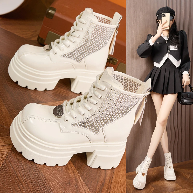 内增高凉鞋女2025秋夏新款透气百搭小个子厚底短靴镂空网面洞洞鞋