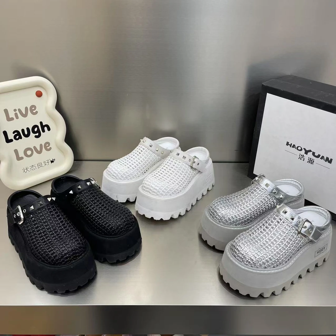 欧货2025新款鱼网眼编织皮7cm厚底超轻底松糕鞋镂空包头凉拖女鞋