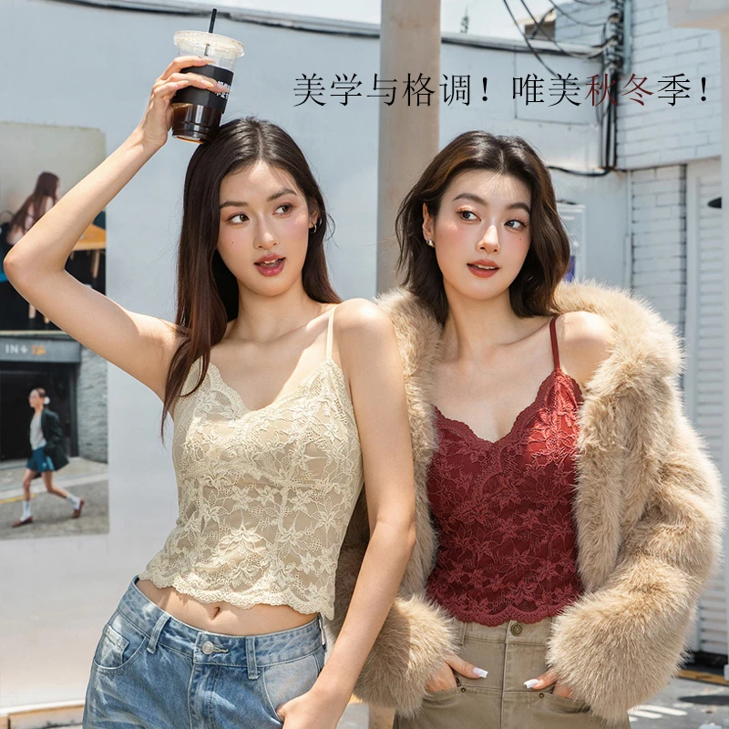 秋冬百搭法式蕾丝吊带修身显瘦免穿内衣一体杯吊带保暖背心6099Z