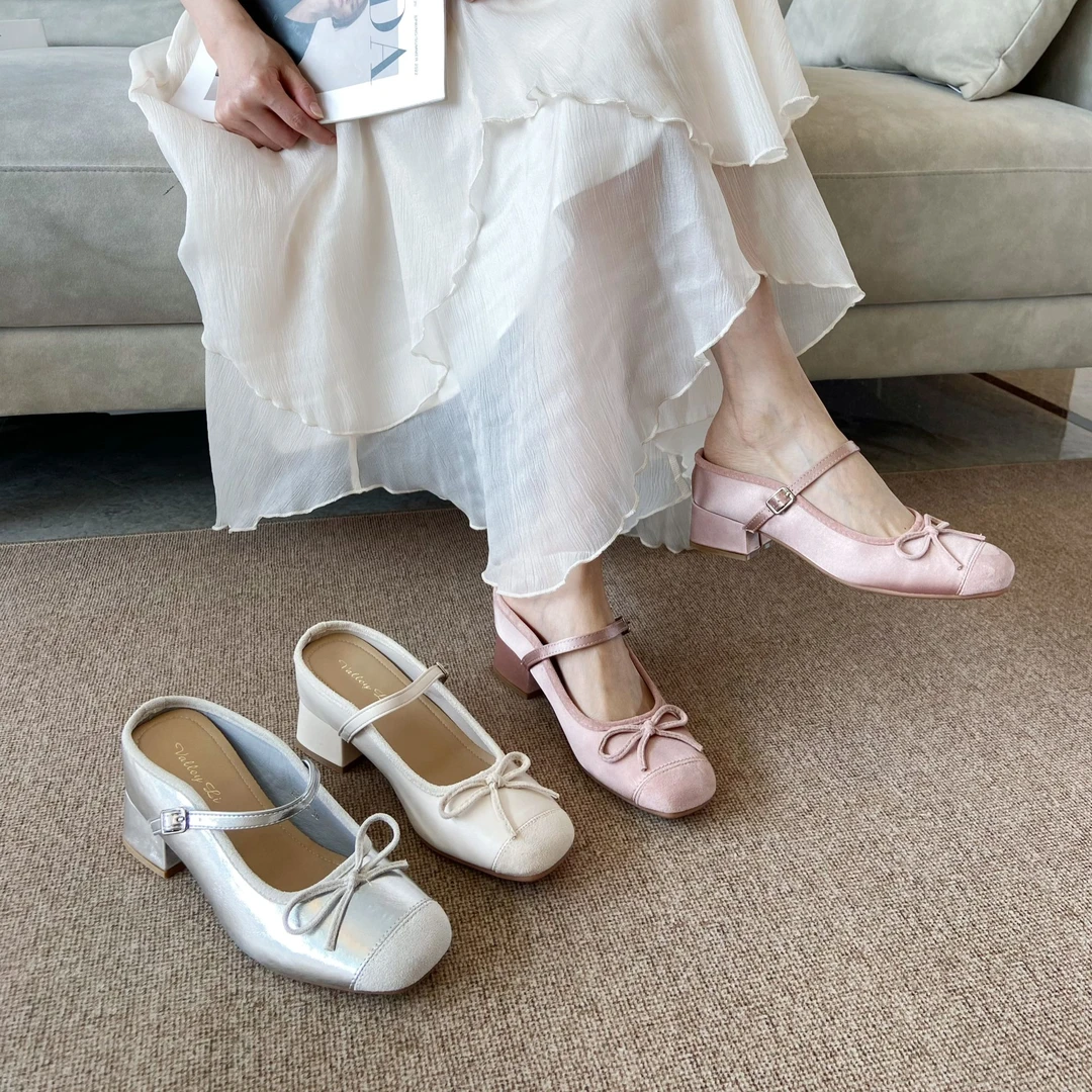 温柔甜美蝴蝶结内增高高跟包头粗跟包头拖韩版中跟一字带半拖凉鞋