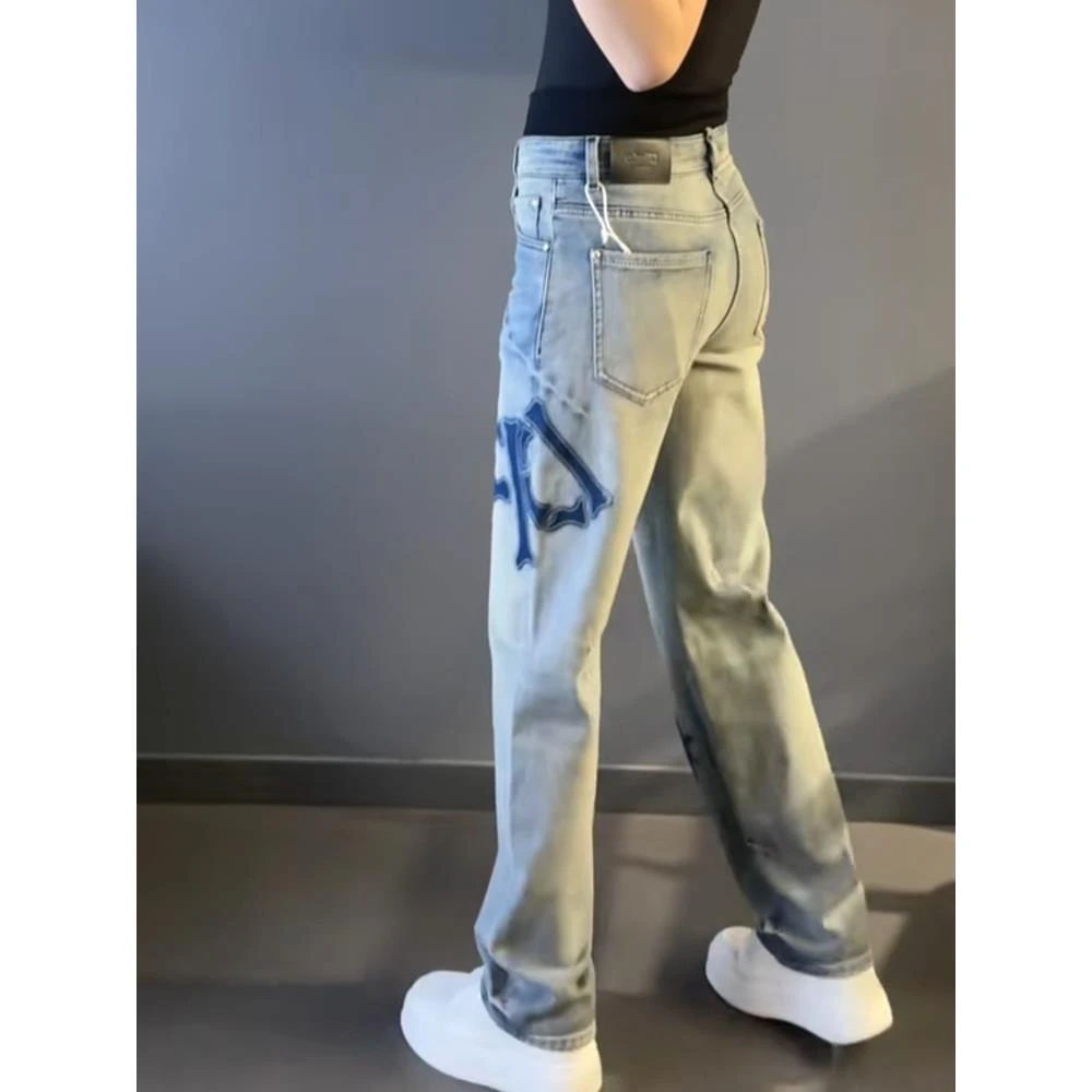 潮牌男装轻奢大码男士设计师款牛仔裤秋冬新款款男装阔腿牛仔裤子