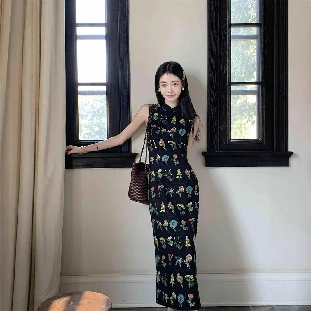 交个衣朋友~新中式碎花刺绣改良旗袍女夏季直筒显瘦气质连衣裙