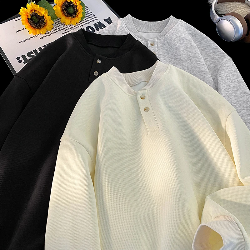 隐匿者2025春季新款男士圆领卫衣港风潮流休闲百搭大码纯色卫衣男