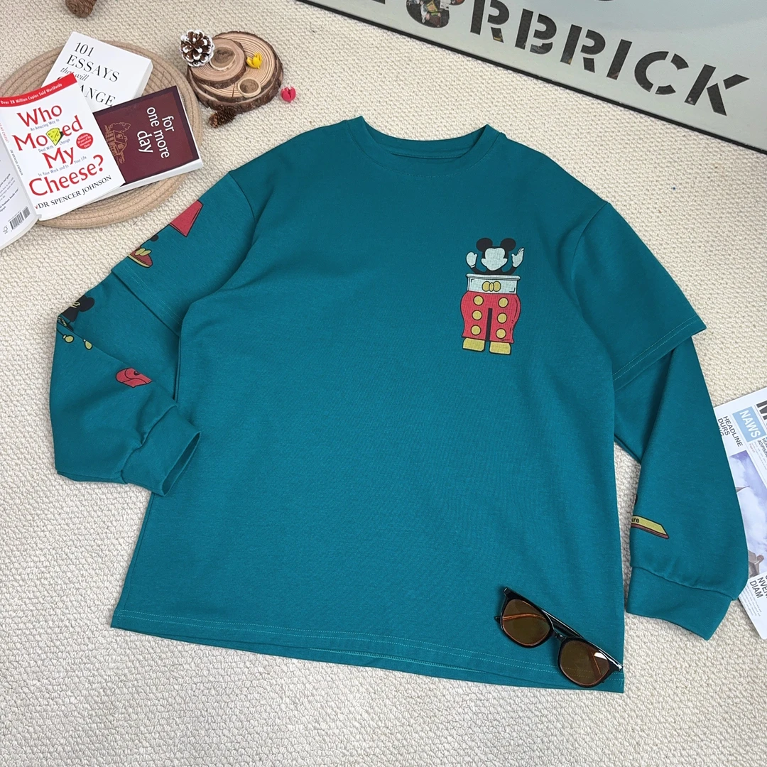 2025春季新款休闲卡通印花纯色假两件卫衣长袖T恤打底9088