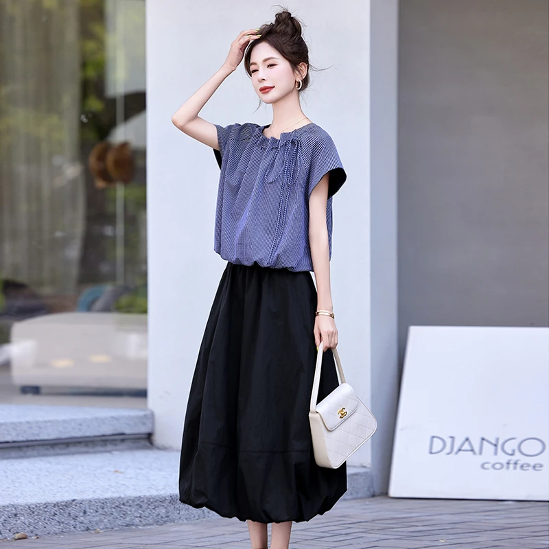 欧若风两件套装洋气衣服女装夏季时尚气质网红炸街灯笼连衣长裙子