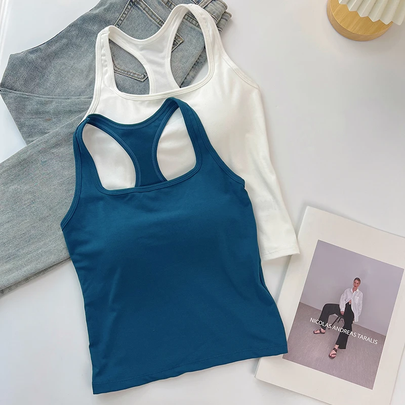美式U领宽肩带吊带女夏外穿高弹带胸垫一体工字背心无袖内搭上衣