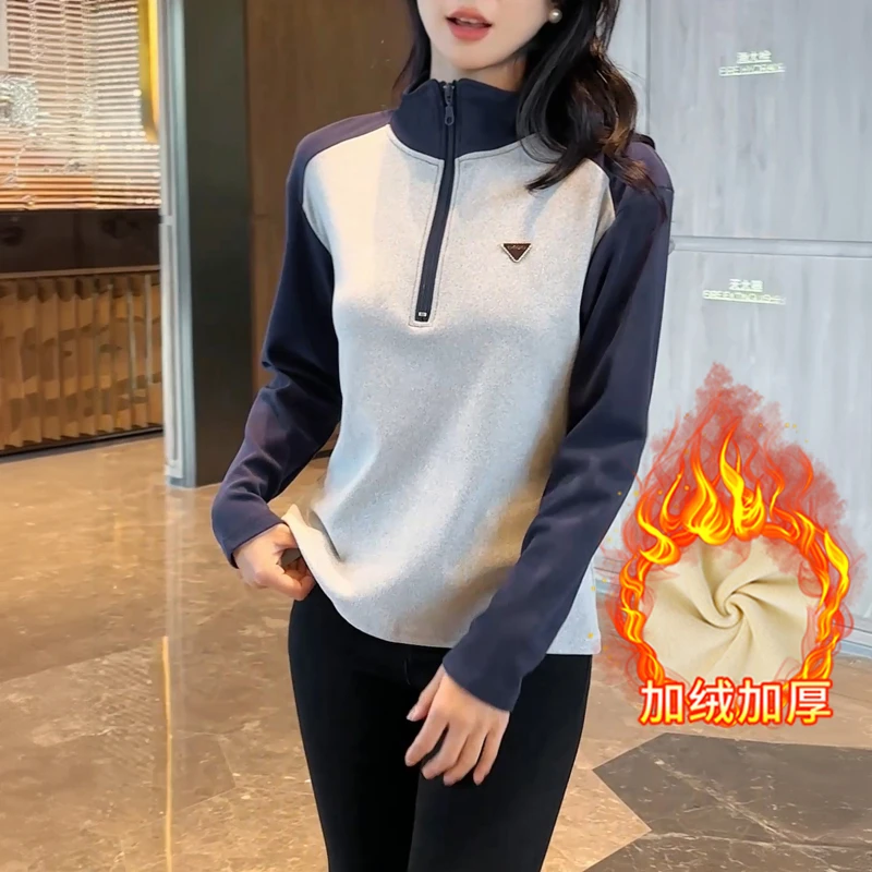 2025秋冬新款加绒加厚卫衣女时尚撞色半拉链长袖保暖立领显瘦上衣