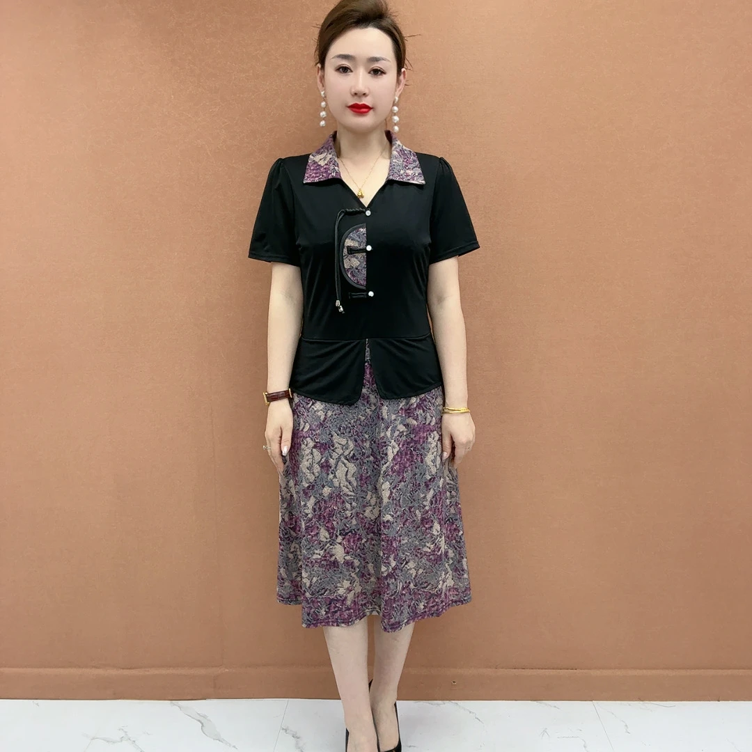 中老年妈妈装夏季新款国风假两件连衣裙时尚休闲气质遮肉显瘦