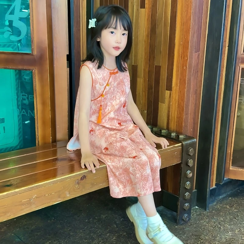 【橘粉】女童国风套装夏季2025新款新中式背心阔腿两件套0863