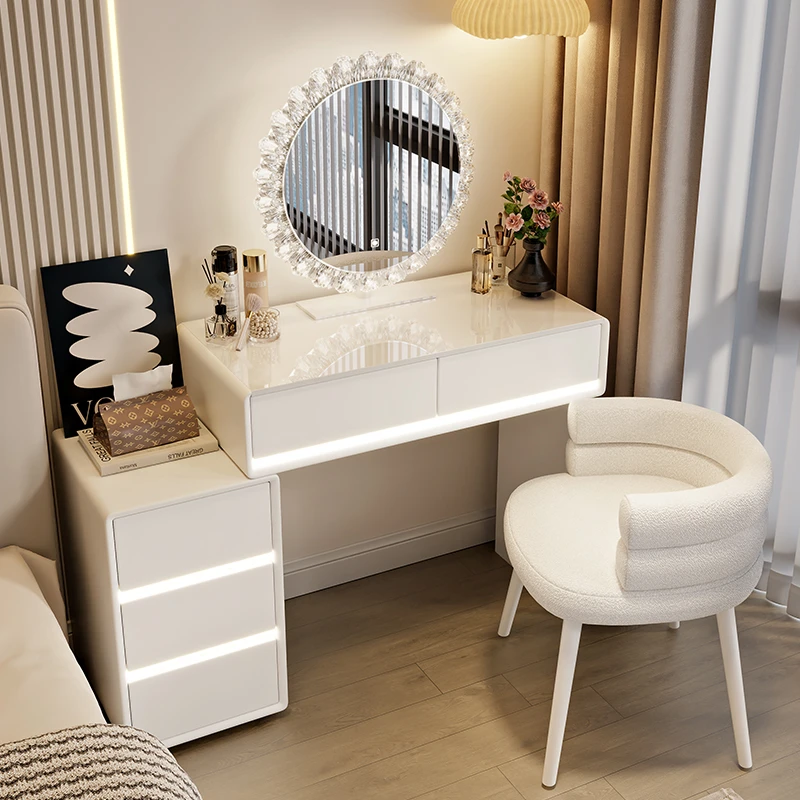 小户型实木60cm梳妆台卧室奶油风斗柜现代简约收纳亮灯迷你化妆桌