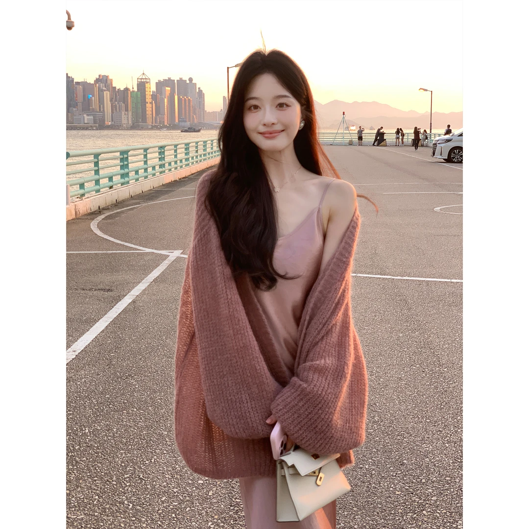 夏诗文 马海毛羊毛肌理感慵懒宽松V领针织开衫女秋