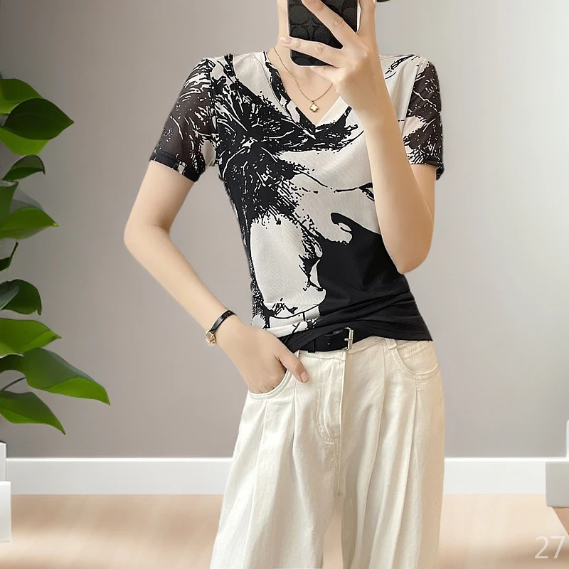 网纱小衫短袖女款爆款2025新款洋气衣服上衣百搭高档流行休闲夏装