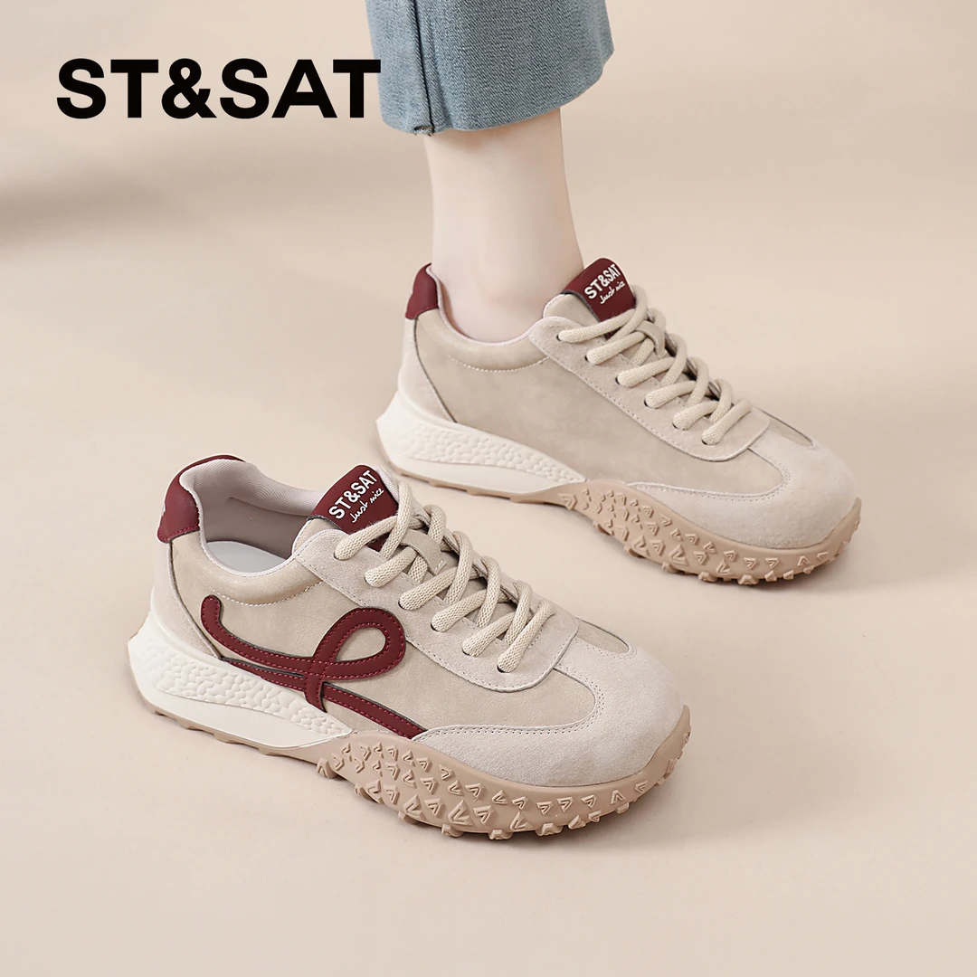 星期六拼色德训鞋女士2025新款秋季运动女鞋厚底时尚配裙子阿甘鞋