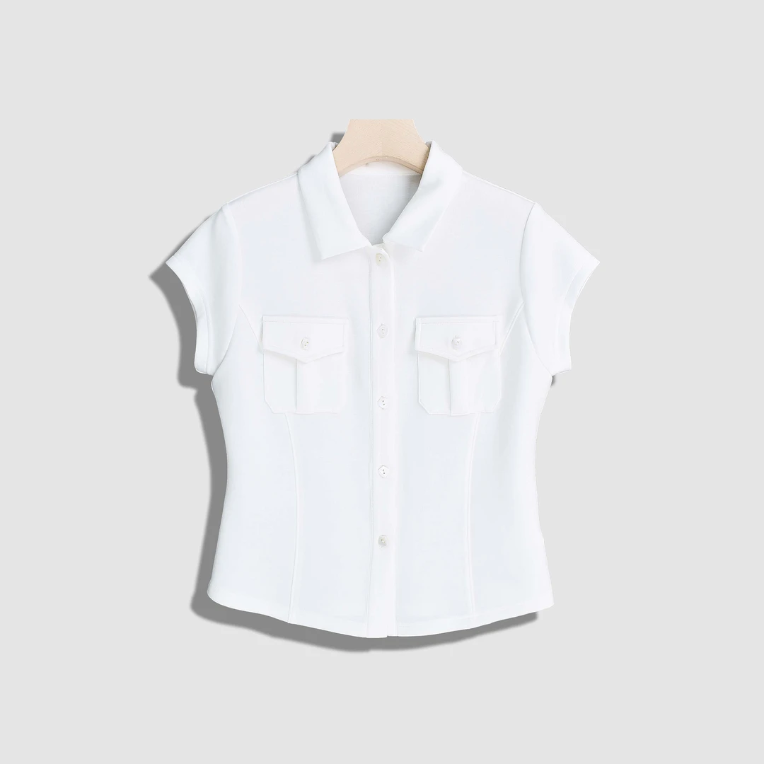 【48小时发货】时尚白色短袖针织衬衫女气质正肩翻领T恤上衣Y17199