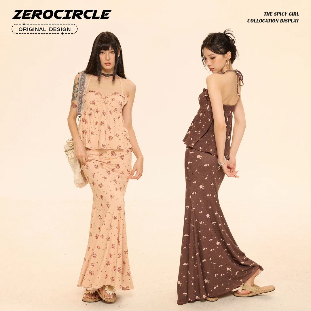 野生zerocircle碎花吊带半裙套装女夏胸垫挂脖辣妹鱼尾长半身裙子