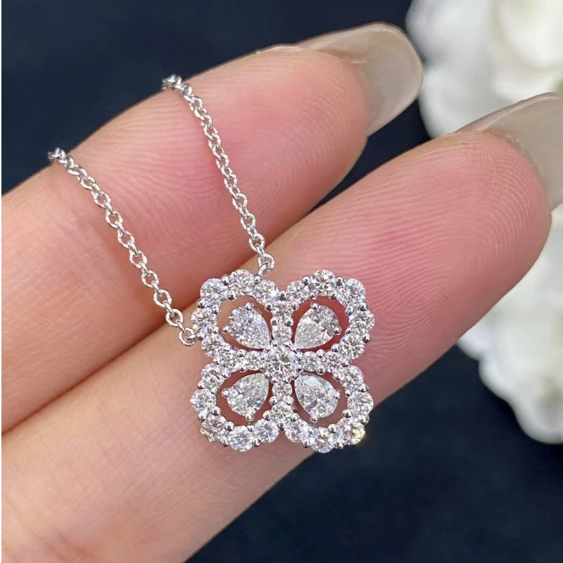 坠链均925银合成锆石 满钻四叶草纯银项链女轻奢小众送女朋友礼物