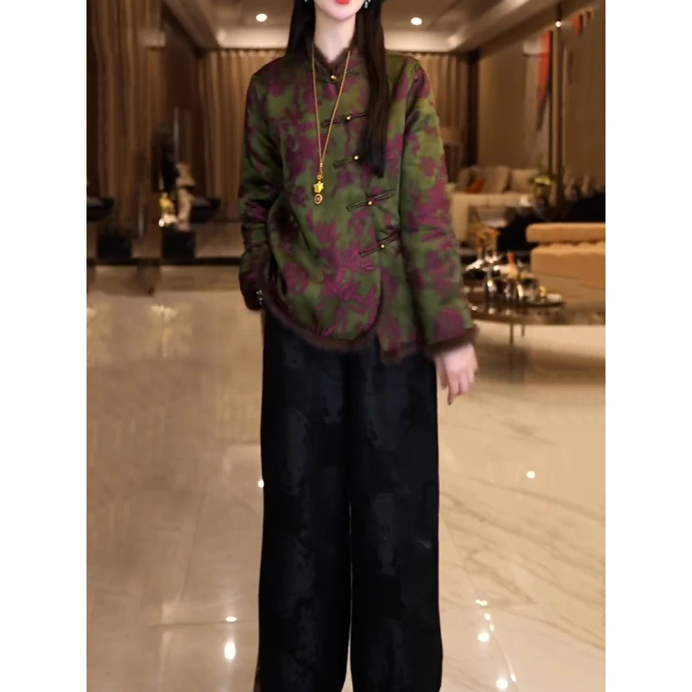 端庄优雅高级感裤套装2025冬季新款新中式盘扣印花夹棉衬衫+裤子