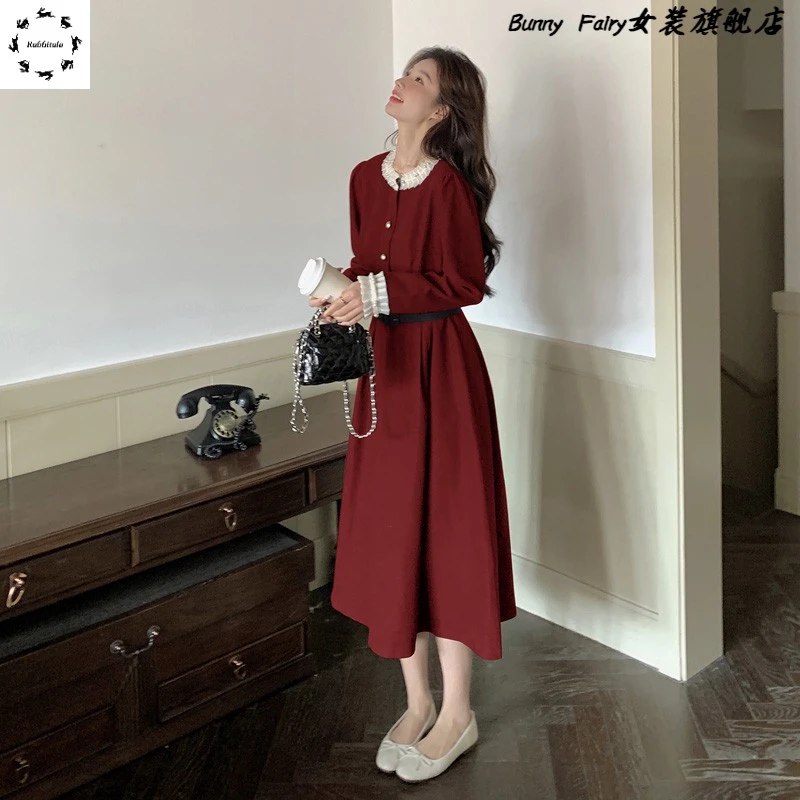 订婚红色长袖连衣裙女2025春秋新款法式复古气质收腰显瘦打底长裙