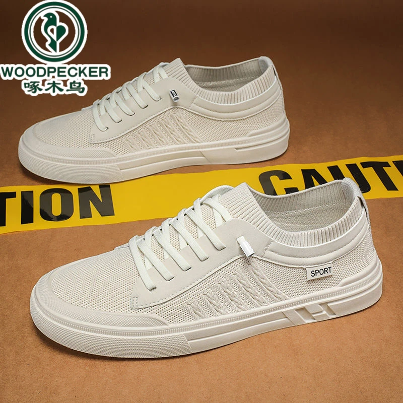 【正品】啄木鸟夏季男鞋透气网面薄款防臭运动鞋一脚蹬冬季飞织板鞋