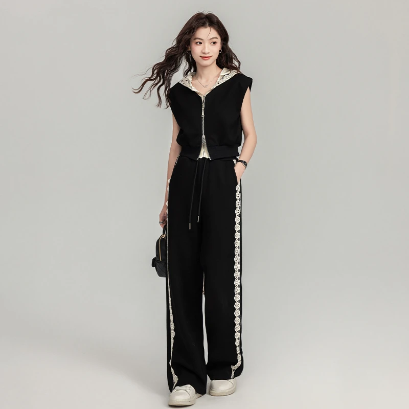 夏日穿搭一整套时尚休闲套装女高级感蕾丝拼接无袖上衣阔腿裤两件