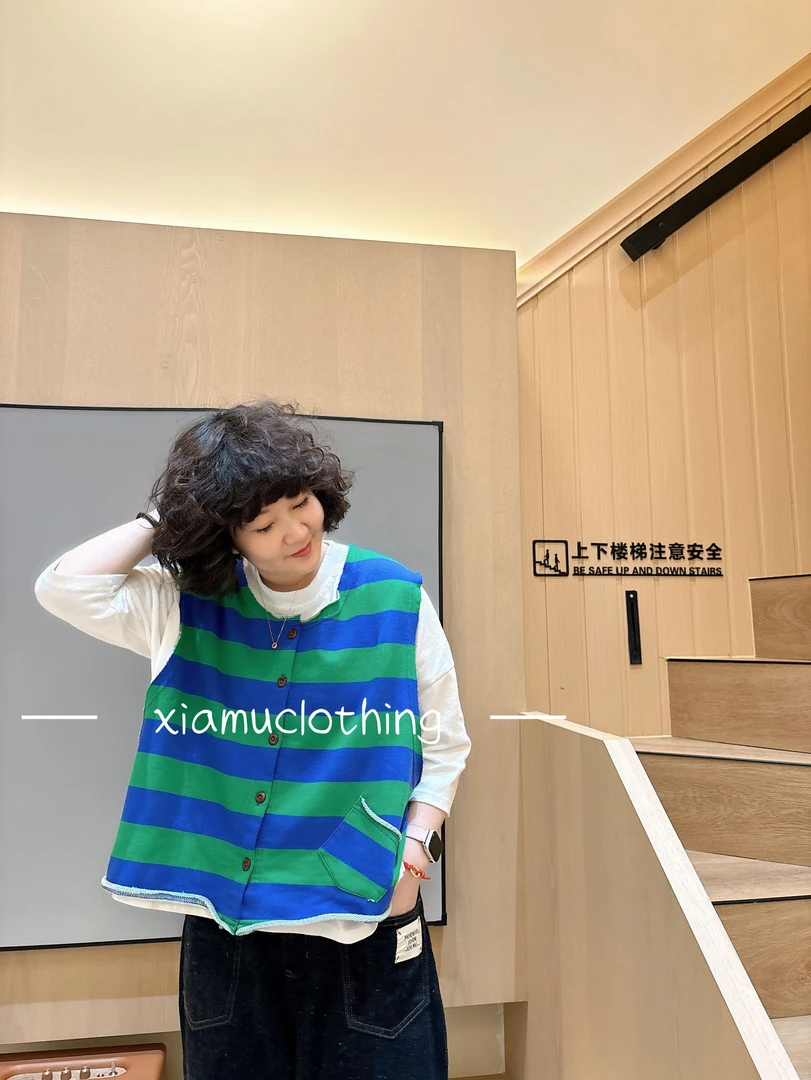 夏沐家个性撞色条纹宽松休闲马甲9180