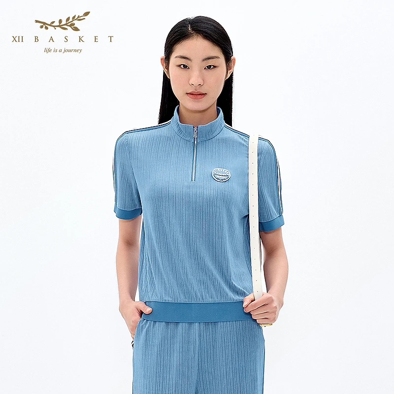 十二篮专选25春新款肌理感醋酸半开襟立领短袖上衣7C65170030