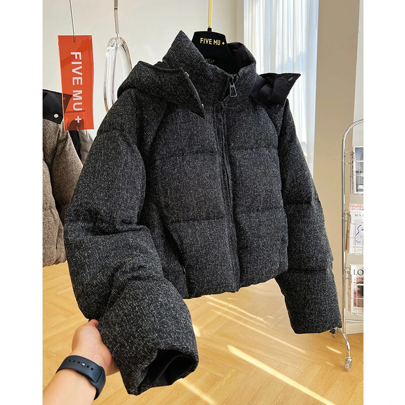 高级感炸街黑色短款棉服女冬季2025新款时尚洋气小香风连帽外套女