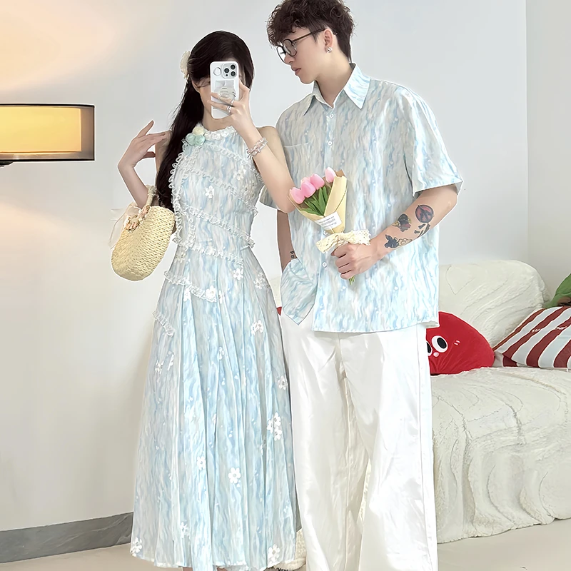 法式情侣装夏季高级感潮流度假风衬衫男无袖挂脖连衣裙女一裙一衣