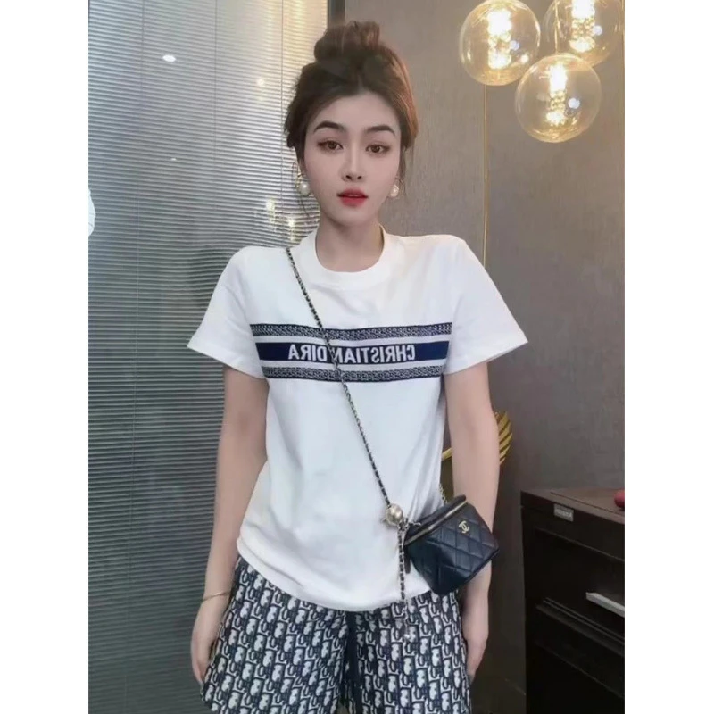 正肩圆领短袖T恤女夏季新款时尚潮流百搭设计感拼接显瘦上衣