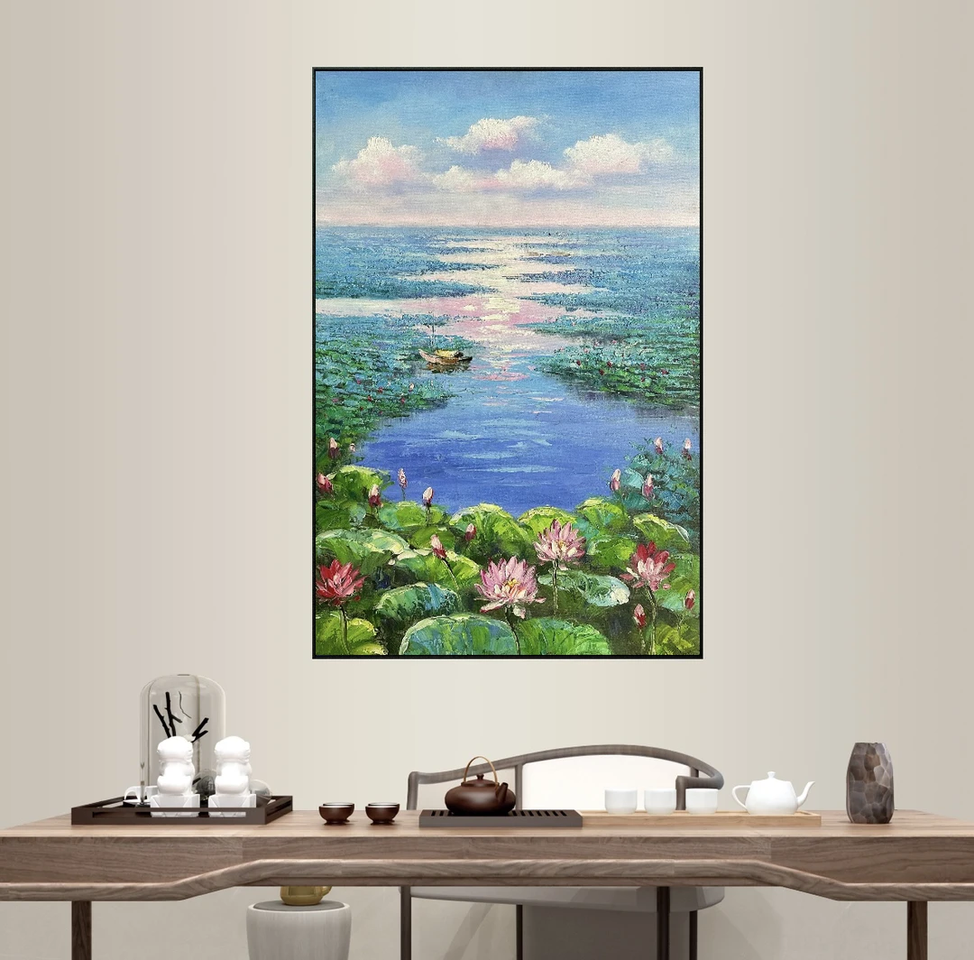 荷花池印象派绘画作品书房挂画客厅走廊背景墙装饰画