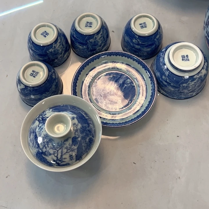 瓷片白青花清明上河图七件套全品