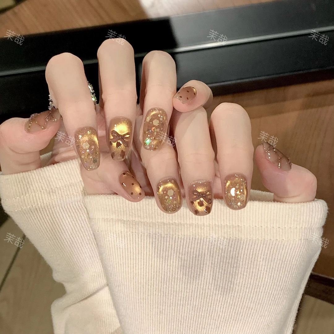 茉哉【格纹暖叙】纯手工定制美甲拆卸穿戴甲A4605