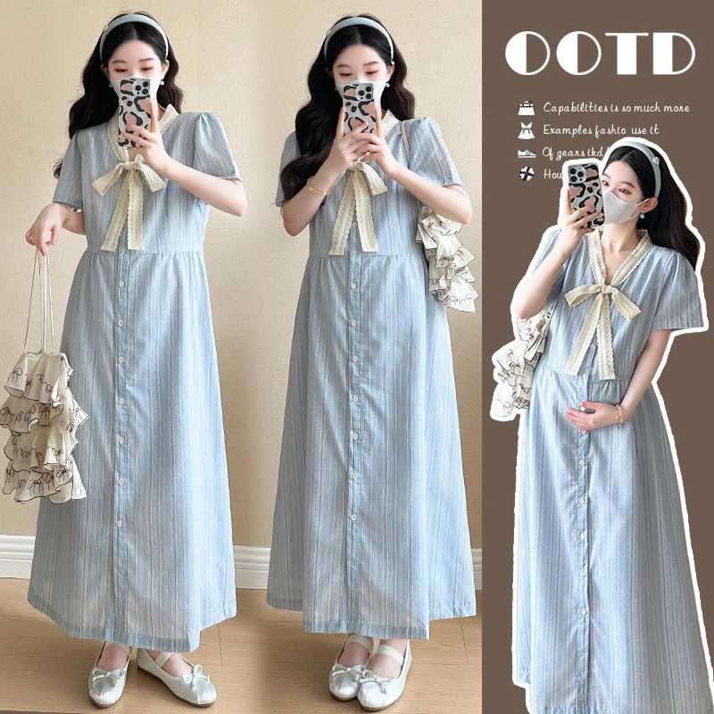 时髦孕妇装新款2025法式设计感宽松蝴蝶结大码长款孕妇短袖连衣裙