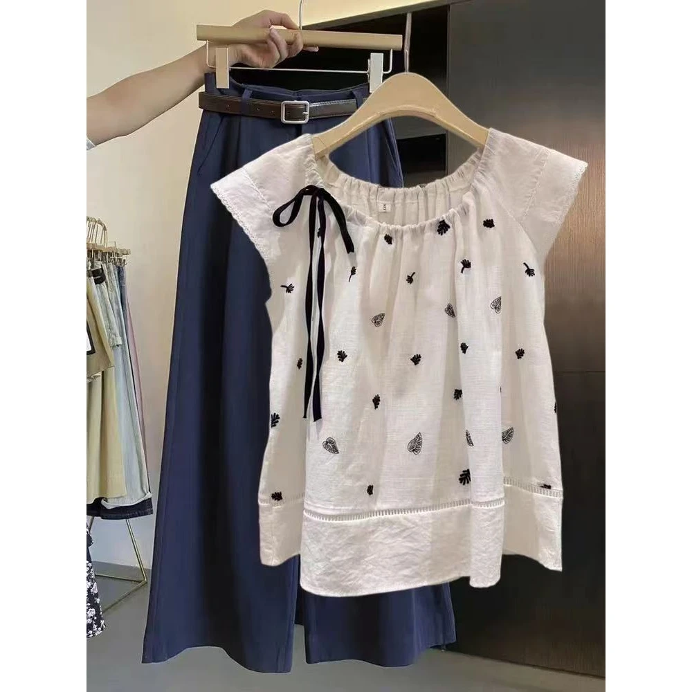 法式蕾丝拼接重工刺绣系带无袖背心女2025夏季飞飞袖上衣气质小衫