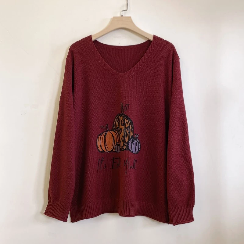 V领复古印花针织衫女宽松显瘦套头百搭休闲长袖女士毛衣YX104933