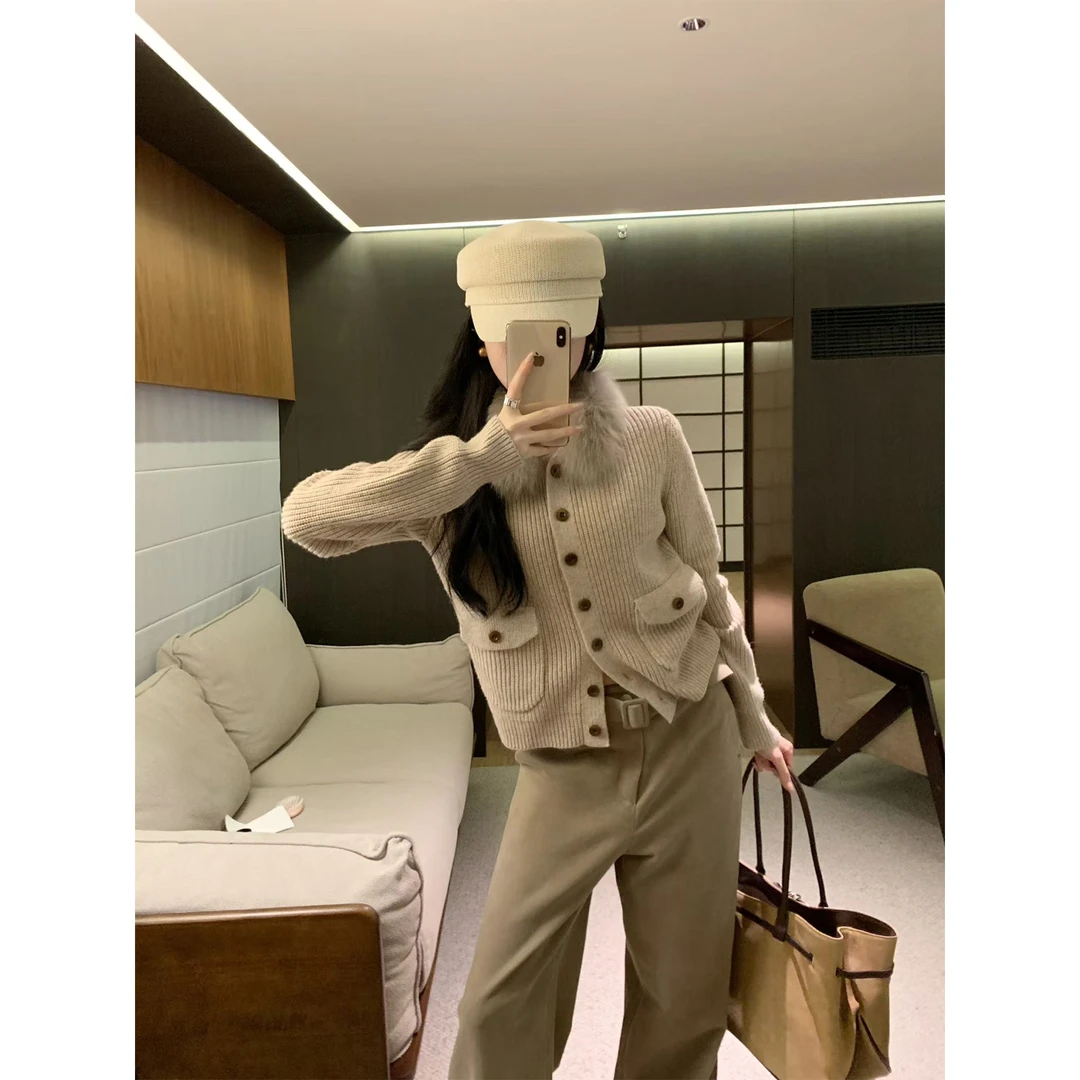 柔软毛领口袋粗线系扣针织开衫毛毛保暖外套宽松直筒长裤休闲裤子