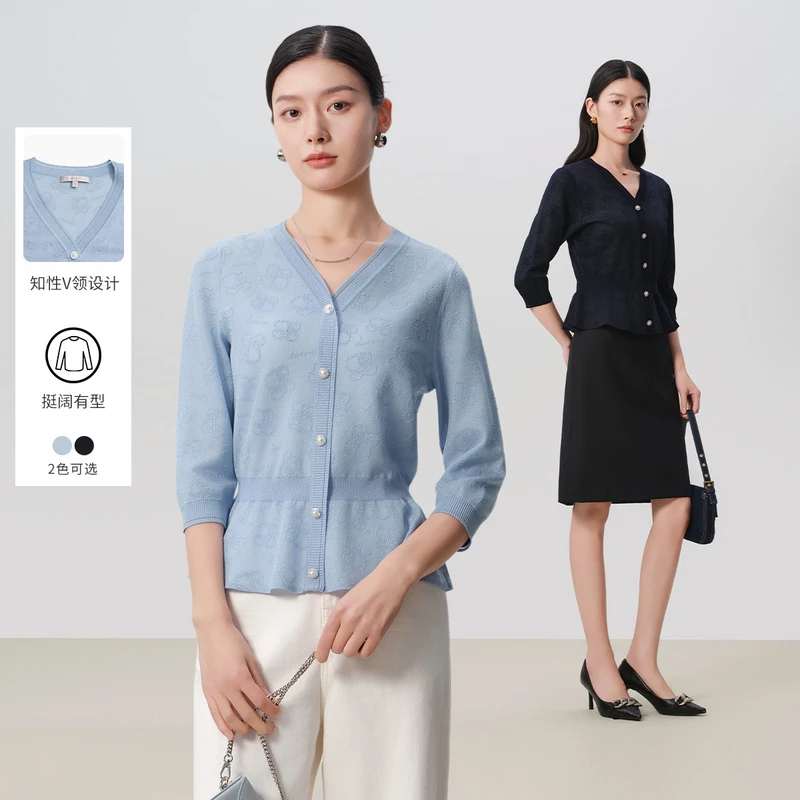 dunnu敦奴2025春新款显瘦法式V领套头提花工艺针织衫女