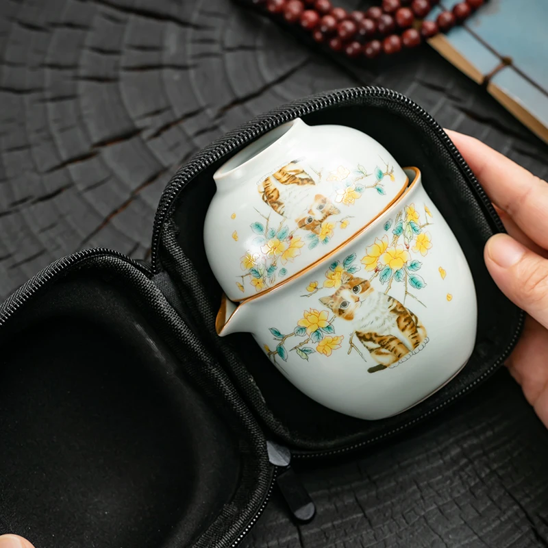 汝窑旅行茶具套装陶瓷猫咪快客杯便携式户外露营喝茶随身一壶三杯