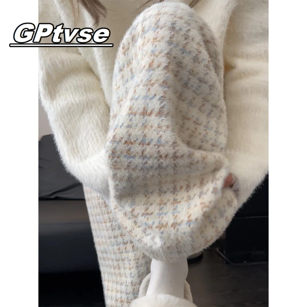 GPTVSE千鸟格阔腿裤女秋季2025新款高腰休闲加绒羊毛绒白色格子裤