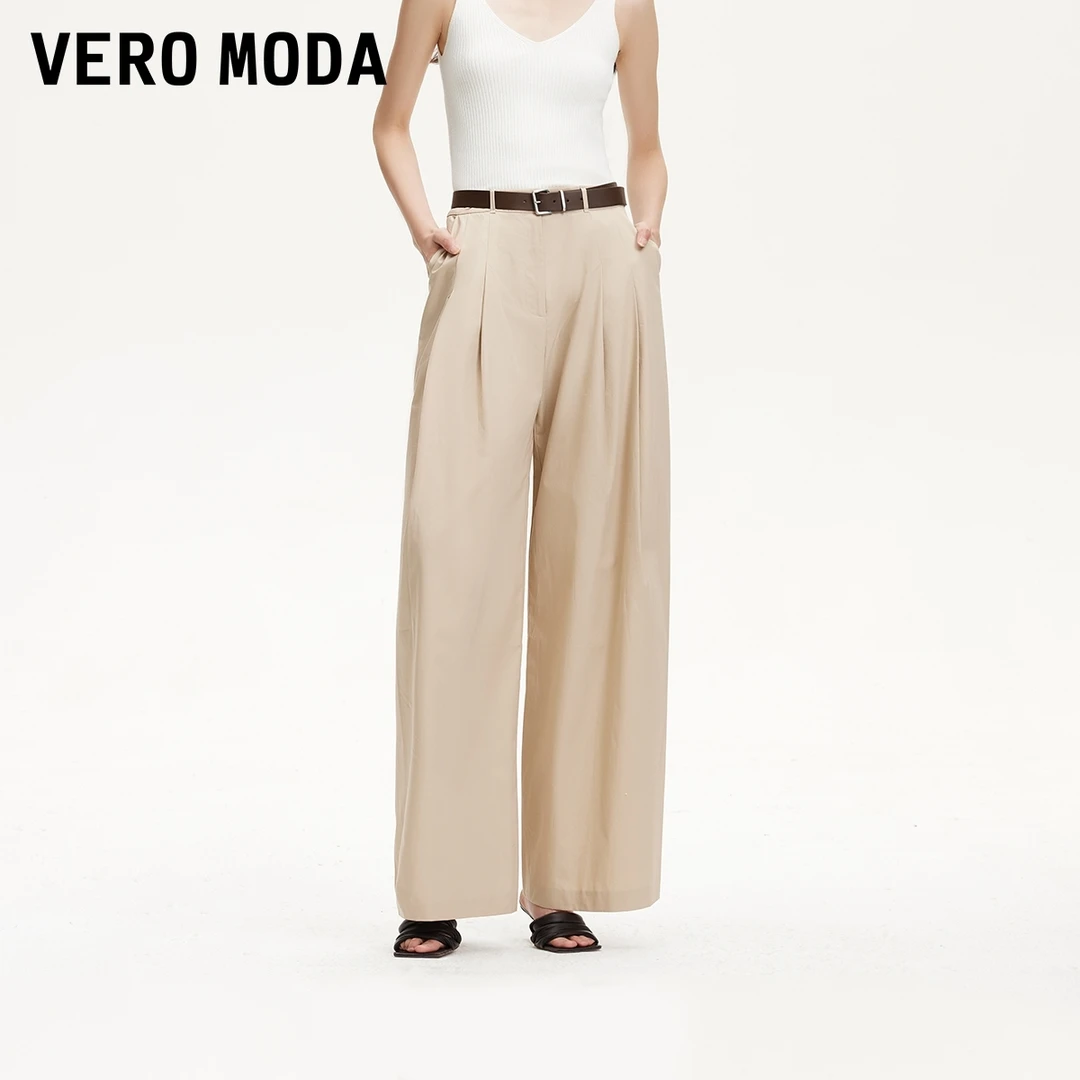 Vero Moda休闲裤2025新款纯棉腰带捏褶设计中腰纯欲长裤小众