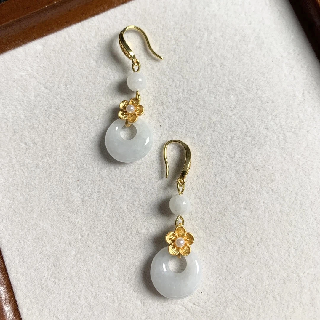 天然缅甸A货翡翠白冰公主扣原创设计耳钩民族风耳饰