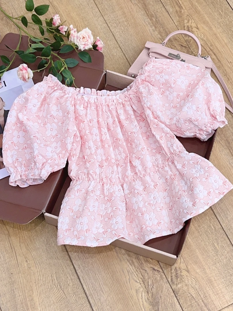 琳心丨夏季新款粉色花花满印甜美减龄泡泡袖衬衫 AL0565