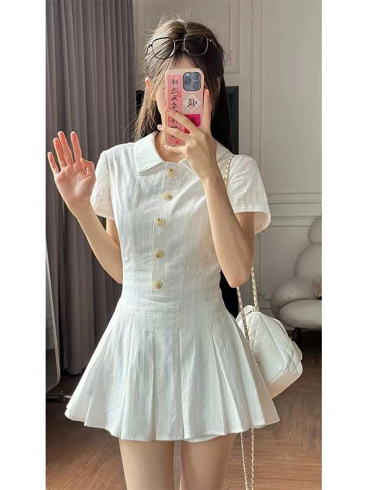 韩系学院风Polo领竖纹短袖连衣裙夏季小个子收腰显瘦A字百褶短裙